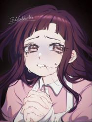 Rule 34 | 1girl, bandaged hand, bandages, brown background, collared shirt, danganronpa (series), danganronpa 2: goodbye despair, dokudokudoku, gradient background, hair in own mouth, hands up, highres, long hair, own hands together, pink shirt, portrait, puffy short sleeves, puffy sleeves, shirt, short sleeves, solo, tearing up, tears, tsumiki mikan, twitter username