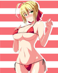 Rule 34 | 10s, 1girl, ahoge, bad id, bad pixiv id, bikini, blonde hair, blush, bow, breasts, covered erect nipples, fate/extra, fate (series), gluteal fold, green eyes, groin, hair bow, highres, kichihachi, large breasts, navel, nero claudius (fate), nero claudius (fate), nero claudius (fate/extra), side-tie bikini bottom, solo, striped, striped background, swimsuit