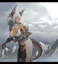 Rule 34 | 1girl, bare shoulders, breasts, cleavage, cloud, cloudy sky, commission, danzilla, dark skin, dark-skinned female, day, detached collar, dragon girl, female focus, grey hair, horns, large breasts, leaning forward, looking to the side, monster girl, mountain, parted lips, scales, sky, solo, tail, thighhighs, yellow eyes