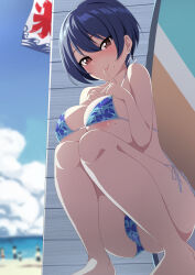 Rule 34 | 1girl, areola slip, ass, bare legs, barefoot, beach, bikini, black hair, blue bikini, blue sky, blush, breasts, brown eyes, cleavage, closed mouth, cloud, commentary request, crotch, day, feet, floral print, hair between eyes, highres, horizon, large breasts, looking at viewer, mole, mole on breast, mole under mouth, original, outdoors, print bikini, sakamata (sakamata4), short hair, side-tie bikini bottom, sky, smile, solo, squatting, surfboard, swimsuit, thighs
