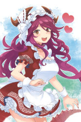 Rule 34 | 1girl, apron, blush, bonnet, breasts, cleavage, dragalia lost, dragon, dragon girl, dragon horns, dragon tail, dress, ekra, fang, frilled dress, frills, hair between eyes, heart, highres, horns, large breasts, long hair, looking at viewer, mym (dragalia lost), nail polish, open mouth, red dress, red hair, red nails, simple background, smile, solo, tail, thighs, white apron, wrist cuffs, yellow eyes