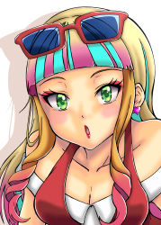 Rule 34 | 1girl, :o, absurdres, blonde hair, blue hair, blunt bangs, blush, breasts, cleavage, collarbone, creatures (company), earrings, eyelashes, eyeliner, eyewear on head, forest (4423), game freak, gradient hair, green eyes, heart, heart earrings, highres, jewelry, lipstick, long hair, looking at viewer, makeup, multicolored hair, nintendo, pink hair, pokemon, pokemon (anime), pokemon the movie: the power of us, red lips, ringlets, risa (pokemon), silhouette, simple background, solo, sunglasses, tsurime, upper body, white background