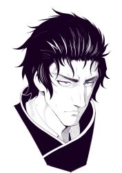 Rule 34 | 1boy, absurdres, boa (brianoa), closed mouth, collared shirt, fate (series), greyscale, hair slicked back, highres, hijikata toshizou (fate), male focus, monochrome, portrait, sanpaku, shirt, simple background, solo, white background, wing collar