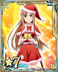 Rule 34 | 10s, 1girl, asuna (sao), belt, bow, bowtie, box, brown eyes, brown hair, capelet, card (medium), dress, gift, gift box, hat, holding, long hair, looking at viewer, matching hair/eyes, red bow, red dress, red hat, santa hat, smile, solo, star (symbol), sword, sword art online, weapon, wrist cuffs