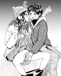 Rule 34 | 1boy, 1girl, bar censor, beanie, black hair, blush, buttons, cardigan, censored, clothes lift, clothes pull, couple, earmuffs, feet out of frame, female pubic hair, fingering, guglielmo, hat, highres, hood, hood down, hooded jacket, jacket, lifted by self, medium hair, monochrome, open mouth, panties, panties around ankles, pants, pants pull, panty pull, plaid, plaid scarf, pom pom (clothes), pubic hair, pussy, scarf, sitting, skirt, skirt lift, spread legs, steam, sweat, teeth, thighs, underwear, upper teeth only, zipper, zipper pull tab