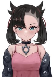Rule 34 | asymmetrical bangs, bad id, bad pixiv id, bare shoulders, black choker, black jacket, choker, closed mouth, collarbone, creatures (company), dress, ear piercing, earrings, game freak, green eyes, hair ribbon, highres, jacket, jewelry, lamp p9, light smile, lips, looking at viewer, marnie (pokemon), medium hair, nintendo, off shoulder, pendant choker, piercing, pink dress, pokemon, pokemon swsh, red ribbon, ribbon, simple background, single earring, spaghetti strap, twintails, two side up, undercut, upper body, white background