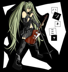Rule 34 | 1girl, bad id, bad pixiv id, belt, boots, brown eyes, detached sleeves, female focus, firebird(guitar), full body, green hair, guitar, hatsune miku, headphones, highres, instrument, legs, long hair, microphone, microphone stand, navel, necktie, open mouth, orepaso, skirt, solo, thighhighs, twintails, very long hair, vocaloid, zettai ryouiki