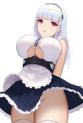 Rule 34 | 1girl, :o, abeen jhong, absurdres, apron, arms behind back, azur lane, black hairband, black skirt, blunt bangs, blush, breasts, center frills, clothing cutout, commentary request, dido (azur lane), earrings, frilled apron, frilled shirt, frilled skirt, frills, groin, hairband, highres, jewelry, large breasts, long hair, looking at viewer, no panties, open mouth, purple eyes, shirt, silver hair, skirt, sleeveless, sleeveless shirt, solo, thighhighs, thighs, underboob, underboob cutout, upskirt, waist apron, white shirt, white thighhighs