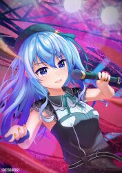 Rule 34 | absurdres, betonamou, blue eyes, blue hair, highres, hololive, hoshimachi suisei, idol, microphone, red background, stage, stage lights, virtual youtuber