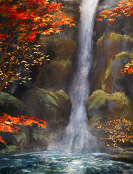 Rule 34 | autumn leaves, cliff, commentary, highres, leaf, motion blur, nature, no humans, rajawat, river, scenery, sekiro: shadows die twice, tree, water, waterfall