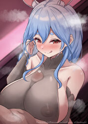 Rule 34 | 1boy, 1girl, :q, adjusting hair, animal ear fluff, animal ears, arm under breasts, black bodysuit, black sleeves, blue hair, bodysuit, braid, braided ponytail, breasts, collarbone, commentary request, covered erect nipples, detached sleeves, hashira 14, hetero, highres, hololive, huge breasts, long hair, looking at viewer, mature female, multicolored hair, nipples, paid reward available, paizuri, paizuri under clothes, pekomama, penis, rabbit-shaped pupils, rabbit ears, rabbit girl, red eyes, short eyebrows, smile, steaming body, symbol-shaped pupils, thick eyebrows, tongue, tongue out, variant set, virtual youtuber, white hair
