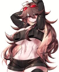 Rule 34 | 1girl, ahoge, arms up, breasts, brown hair, cleavage, friday night funkin&#039;, girlfriend (friday night funkin&#039;), glasses, glasses on head, huge breasts, long hair, looking at viewer, madness combat, messy hair, midriff, navel, red eyes, shorts, thick thighs, thigh strap, thighs, tinted eyewear, underboob, usa37107692, wide hips