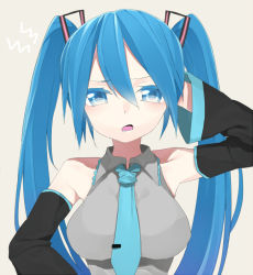 Rule 34 | 1girl, aqua eyes, aqua hair, bad id, bad pixiv id, bare shoulders, breasts, detached sleeves, erubo, hand on own head, hatsune miku, large breasts, necktie, open mouth, solo, twintails, vocaloid