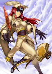 Rule 34 | 1girl, arc system works, blazblue, blazblue: continuum shift, blue eyes, boots, breasts, cloud, female focus, gloves, hat, long hair, military, military uniform, outdoors, red hair, shellfish (pixiv749206), shield, sky, solo, sword, tsubaki yayoi, uniform, weapon