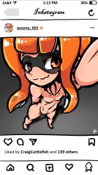 Rule 34 | 1girl, battery indicator, blunt bangs, blush, breasts, closed mouth, collarbone, domino mask, fake screenshot, from above, half-closed eyes, heart, highres, inkling player character, instagram, instagram username, long hair, magnifying glass, mask, navel, nintendo, nipples, nude, orange hair, plus, pointy ears, selfie, small breasts, smile, solo, splatoon (series), splatoon 1, squid, standing, uncensored, verymediocre, wavy mouth, wifi symbol