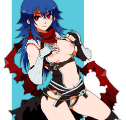 Rule 34 | 1girl, armor, assassin cross (ragnarok online), black cape, black gloves, black leotard, black socks, blue background, blue hair, blush, breasts, cape, closed mouth, clothes pull, colorized, commentary request, cowboy shot, dutch angle, elbow gloves, eremes guile, fingerless gloves, genderswap, genderswap (mtf), gloves, hair between eyes, highres, kano (coyotehunt), kneehighs, leotard, leotard pull, long hair, looking at viewer, medium breasts, navel, nipples, pauldrons, ragnarok online, red eyes, red scarf, revealing clothes, scarf, shoulder armor, smile, socks, solo, sptbird, torn cape, torn clothes, torn scarf, two-tone background, vambraces, waist cape, white background