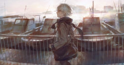 Rule 34 | 1girl, absurdres, bag, black pantyhose, black scarf, black skirt, blush, boar, breasts, commentary, day, fringe trim, glasses, grey hair, grey jacket, highres, holding strap, jacket, long sleeves, looking away, original, outdoors, pantyhose, parted lips, pleated skirt, profile, railing, scarf, shirt, short hair, skirt, sleeves past wrists, small breasts, solo, tentsuu (tentwo), vocaloid, water, white shirt