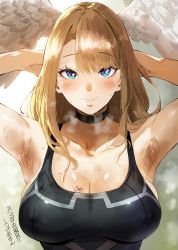 Rule 34 | 1girl, absurdres, armpits, arms behind head, blue eyes, blush, breasts, brown hair, cleavage, collar, covered erect nipples, eunie (xenoblade), head wings, hero neisan, highres, large breasts, long hair, presenting armpit, smile, solo, sweat, wings, xenoblade chronicles (series), xenoblade chronicles 3
