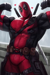Rule 34 | 1boy, bara, biceps, black bodysuit, black gloves, bodysuit, deadpool, deadpool (movie), deadpool (series), double biceps pose, flexing, gloves, highres, kaysuoae, large pectorals, looking at viewer, male focus, marvel, muscular, muscular male, pectorals, red bodysuit, solo, sword, two-tone bodysuit, weapon, weapon on back