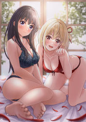Rule 34 | 2girls, :d, akiyama0818, all fours, bed sheet, black hair, blonde hair, blurry, blurry background, blush, breasts, cleavage, closed mouth, hair ribbon, highres, inoue takina, large breasts, long hair, lycoris recoil, medium breasts, multiple girls, nishikigi chisato, one side up, open mouth, petals, purple eyes, red eyes, ribbon, short hair, sitting, smile, straight hair, underwear, underwear only, window