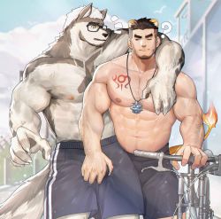 Rule 34 | 2boys, ?, abs, alca (wakatanka4), animal ears, arm hair, bara, beard, bicycle, black hair, black shorts, chest hair, commission, couple, crotch grab, dog boy, dog ears, extra ears, facial hair, furry, furry male, furry with non-furry, grabbing, gyee, gym uniform, highres, interspecies, jewelry, large pectorals, lion boy, lion ears, lion tail, male focus, mature male, multiple boys, muscular, muscular male, navel, necklace, nipples, one eye closed, original, pectoral grab, pectorals, peterhl, short hair, shorts, sportswear, stomach, tail, thick eyebrows, thighs, topless male, undercut, yaoi