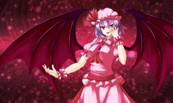 Rule 34 | 1girl, absurdres, aged up, ascot, bad id, bad pixiv id, bat wings, breasts, brooch, cowboy shot, fangs, hat, hat ribbon, highres, jewelry, large breasts, light purple hair, looking at viewer, mob cap, parted lips, pink shirt, pink skirt, puffy short sleeves, puffy sleeves, red eyes, red ribbon, remilia scarlet, ribbon, sash, shirt, short hair, short sleeves, skirt, skirt set, smile, solo, touhou, wings, wrist cuffs, zellam