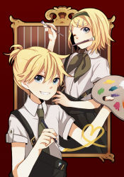 Rule 34 | 1boy, 1girl, art brush, black necktie, blonde hair, blue eyes, brother and sister, framed, grin, hair ornament, hairband, hairclip, heart, kagamine len, kagamine rin, mouth hold, necktie, one eye closed, paintbrush, painting (action), palette (object), picture frame, ponytail, short hair, short ponytail, siblings, smile, tama (songe), twins, vocaloid, wink