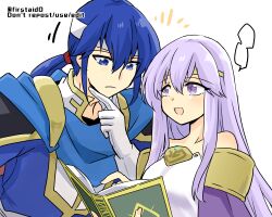 Rule 34 | 1boy, 1girl, blue cape, blue eyes, blue hair, book, brother and sister, cape, circlet, fire emblem, fire emblem: genealogy of the holy war, headband, holding, holding book, julia (fire emblem), long hair, looking at another, nintendo, open mouth, ponytail, purple cape, purple eyes, purple hair, seliph (fire emblem), siblings, simple background, thinking, white headband, yukia (firstaid0)