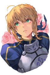 Rule 34 | 1girl, ahoge, armor, artoria pendragon (all), artoria pendragon (fate), blonde hair, blue dress, blue ribbon, braid, breastplate, cropped shoulders, dress, fate (series), floral background, flower, green eyes, hair ribbon, hungry clicker, looking up, pink lips, puffy sleeves, ribbon, rose, saber (fate), short hair, sidelocks, solo