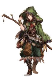 Rule 34 | 10s, 1boy, alpha transparency, boots, brown eyes, brown hair, cloak, earrings, feathers, full body, gran (granblue fantasy), granblue fantasy, hermit (granblue fantasy), jewelry, male focus, minaba hideo, official art, puffy pants, short hair, solo, staff, transparent background, walking