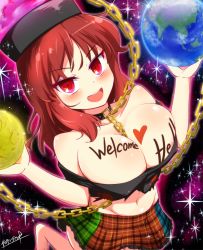 Rule 34 | 1girl, areola slip, bad id, bad pixiv id, bare shoulders, between breasts, blush, breasts, chain, chain between breasts, cleavage, collar, covered erect nipples, earth (planet), hat, hecatia lapislazuli, kisaragi zwei, large breasts, looking at viewer, md5 mismatch, midriff, moon, multicolored clothes, multicolored skirt, navel, off shoulder, open mouth, planet, red eyes, red hair, shirt, skirt, smile, solo, sparkle, touhou