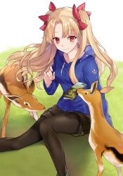 Rule 34 | 1girl, animal, black pantyhose, black shorts, blonde hair, blue hoodie, bow, closed mouth, collarbone, commentary request, contemporary, drawstring, ereshkigal (fate), fate/grand order, fate (series), fawn, fingernails, hair bow, hand up, highres, hood, hood down, hoodie, long hair, long sleeves, looking away, mouth hold, on grass, pamphlet, pantyhose, pantyhose under shorts, parted bangs, red bow, red eyes, shiao, short shorts, shorts, sitting, smile, solo, two side up, very long hair, white background