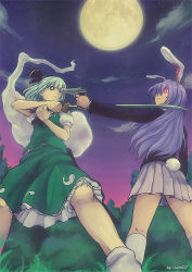 Rule 34 | 2girls, aiming, animal ears, arm at side, artist name, ascot, bare legs, black ascot, black hairband, blazer, bright pupils, closed mouth, commentary request, expressionless, fighting stance, from side, full moon, ghost, glowing, glowing eyes, green skirt, green vest, grey eyes, gun, hair ribbon, hairband, handgun, hands up, hitodama, holding, holding gun, holding sword, holding weapon, izumi (q!), jacket, katana, konpaku youmu, konpaku youmu (ghost), long hair, medium skirt, miniskirt, moon, multiple girls, night, night sky, outdoors, outstretched arm, puffy short sleeves, puffy sleeves, purple hair, rabbit ears, rabbit tail, red eyes, reisen udongein inaba, ribbon, serious, shirt, short hair, short sleeves, silver hair, skirt, skirt set, sky, socks, standing, sword, tail, touhou, vest, weapon, white legwear, white shirt