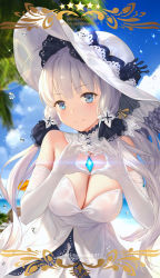 Rule 34 | 1girl, azur lane, bare shoulders, blue eyes, blue sky, blush, breasts, character name, cleavage, cloud, craft essence (fate), day, detached collar, dress, elbow gloves, fate (series), gloves, hat, heart, heart hands, highres, illustrious (azur lane), large breasts, long hair, looking at viewer, low twintails, mole, mole under eye, ocean, pixiv id, sky, solo, twintails, watermark, web address, white dress, white gloves, white hair, white hat, yijian ma