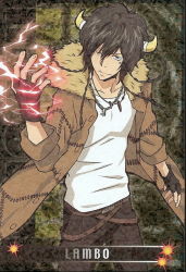 Rule 34 | 00s, 1boy, belt, black hair, black pants, boy cow, braid, chain, coat, electricity, fighting stance, fingerless gloves, fur collar, gloves, horns, jacket, jewelry, katekyo hitman reborn!, lambo, looking at viewer, male focus, multiple belts, necklace, aged up, pants, shirt, solo, white shirt, wink