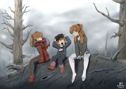 Rule 34 | 3girls, absurdres, animal hat, blue eyes, brown hair, cat hat, child, clone, coat, evangelion: 3.0+1.0 thrice upon a time, forest, gloves, grin, hair ornament, hairclip, hat, helmet, highres, hood, hooded jacket, jacket, laughing, long hair, multiple girls, nature, neon genesis evangelion, open mouth, plugsuit, rebuild of evangelion, scarf, sitting, smile, souryuu asuka langley, tree, twintails