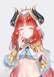 Rule 34 | 1girl, absurdres, breasts, circlet, crop top, detached sleeves, forehead jewel, genshin impact, highres, jewelry, lightria, long sleeves, navel, neck ring, nilou (genshin impact), parted bangs, puffy long sleeves, puffy sleeves, red hair, simple background, skirt, smile, stomach, vambraces, veil, vision (genshin impact), white background