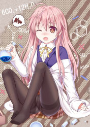 Rule 34 | 1girl, black pantyhose, brown eyes, chemical structure, crotch seam, feet, flask, ikeda yuuki, lab coat, long hair, md5 mismatch, no shoes, one eye closed, original, panties, panties under pantyhose, pantyhose, pink hair, round-bottom flask, sitting, solo, spoken squiggle, squiggle, tears, thighband pantyhose, underwear, wavy mouth, wince