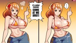 Rule 34 | ..., 1girl, 2koma, absurdres, angry, breasts, comic, covered erect nipples, cum, cum on body, cum on breasts, cum on clothes, cum on hair, cum on upper body, denim, english text, female focus, highres, instant loss, jeans, large areolae, large breasts, middle finger, nami (one piece), one breast out, one piece, orange hair, pants, solo, steve chopz, swimsuit, swimsuit under clothes, text focus, whale tail (clothing), wide hips