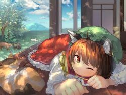 Rule 34 | 1girl, ahoge, animal, animal ear fluff, animal ears, blue sky, brown eyes, brown hair, calico, cat, cat ears, cat tail, chen, closed mouth, cloud, cloudy sky, dappled sunlight, dress, earrings, frilled dress, frills, highres, jewelry, long sleeves, looking at viewer, lying, one eye closed, red dress, shadow, single earring, sky, sunlight, tail, touhou, wankosoba, white sleeves, wooden floor