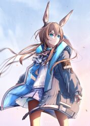 Rule 34 | 1girl, amiya (arknights), animal ear fluff, animal ears, arknights, black jacket, blue eyes, blue skirt, brown hair, brown pantyhose, closed mouth, commentary request, hair between eyes, highres, hood, hood down, hooded jacket, jacket, jewelry, long hair, long sleeves, looking to the side, open clothes, open jacket, pantyhose, pleated skirt, ponytail, puffy long sleeves, puffy sleeves, rabbit ears, ribbed shirt, ring, shirt, skirt, sleeves past wrists, solo, standing, very long hair, white shirt, yokaze (yokajie)
