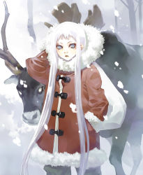 Rule 34 | 1girl, antlers, blue eyes, christmas, horns, long hair, okazaki takeshi, reindeer, santa costume, slit pupils, snow, solo, very long hair, white hair