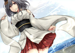 Rule 34 | 1girl, aga marino, black hair, commentary request, cowboy shot, detached sleeves, dutch angle, hair ornament, headgear, horizon, japanese clothes, kantai collection, looking at viewer, ocean, pleated skirt, red eyes, red skirt, short hair, skirt, solo, water, wide sleeves, yamashiro (kancolle)