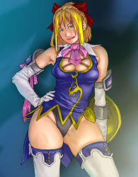 Rule 34 | 1girl, bare shoulders, black panties, blonde hair, blue eyes, bow, breasts, cassandra alexandra, elbow gloves, gloves, hair bow, hand on own hip, looking at viewer, medium breasts, namco, panties, plump, shield, smile, solo, soul calibur, soulcalibur, soulcalibur iv, standing, take (draghignazzo), thighhighs, thighs, underwear, white gloves