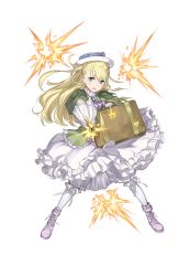 Rule 34 | 1girl, :o, blonde hair, blue eyes, bow, braid, briefcase, chain, dress, firing, flower, frilled dress, frills, full body, gloves, green dress, hat, hat flower, highres, long hair, looking at viewer, monica golding, official art, princess principal, princess principal game of mission, solo, standing, transparent background, umbrella, umbrella gun, very long hair, white gloves, white hat, white legwear, white umbrella, wind, wind lift