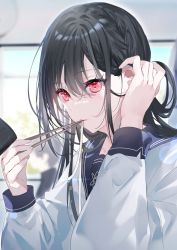 1girl adjusting_hair black_hair blue_sailor_collar blush braid chopsticks eating food hair_between_eyes hands_up highres holding holding_chopsticks long_hair long_sleeves miwano_rag noodles original parted_lips pink_eyes sailor_collar school_uniform serafuku shirt solo white_shirt