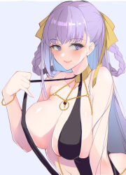 1girl bare_shoulders bb_(fate) bb_dubai_(fate) belly_chain black_dress blush bracelet braid braided_hair_rings breasts center_opening cleavage clothes_pull dress fate/grand_order fate_(series) hair_ribbon hair_rings highres jewelry large_breasts long_hair looking_at_viewer necklace purple_eyes purple_hair ribbon sideboob smile solo twin_braids very_long_hair yellow_ribbon yugensangyo