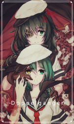 Rule 34 | 10s, 2girls, armor, behind another, border, brown gloves, cape, dual persona, eyepatch, facing viewer, gloves, green eyes, green hair, hand on another&#039;s face, hand on another&#039;s hand, hand on another&#039;s shoulder, heterochromia, holding open eyes, kagari6496, kantai collection, kiso (kancolle), long hair, multiple girls, pauldrons, school uniform, serafuku, shoulder armor, yellow eyes