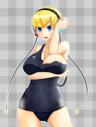 Rule 34 | 10s, 1girl, bare shoulders, blonde hair, blue eyes, blush, breasts, cleavage, creatures (company), electricity, elesa (pokemon), embarrassed, female focus, game freak, gym leader, hand on head, headphones, heka=ton, nintendo, one-piece swimsuit, open mouth, pokemon, pokemon bw, school swimsuit, short hair, solo, swimsuit