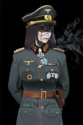 Rule 34 | 1girl, absurdres, breasts, brown hair, buttoned up jacket, buttons, cigar, cross, grey eyes, hands behind, highres, holster, iron cross, lapels, large breasts, looking at viewer, medal, military, multiple scars, nazi, neo, original, reichsadler, scar, scar on face, shaded eyes, smoke, smoking, swastika, world war ii